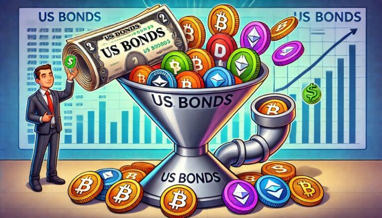 A colorful cartoon illustration of US bonds being placed into a large funnel, with various altcoins emerging from the other end