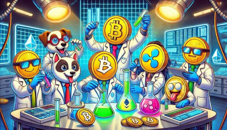 A vibrant cartoon drawing of various altcoins, including Bitcoin, Ethereum, Dogecoin, Solana, Cardano, Polkadot, Litecoin, and Ripple, with arms and legs