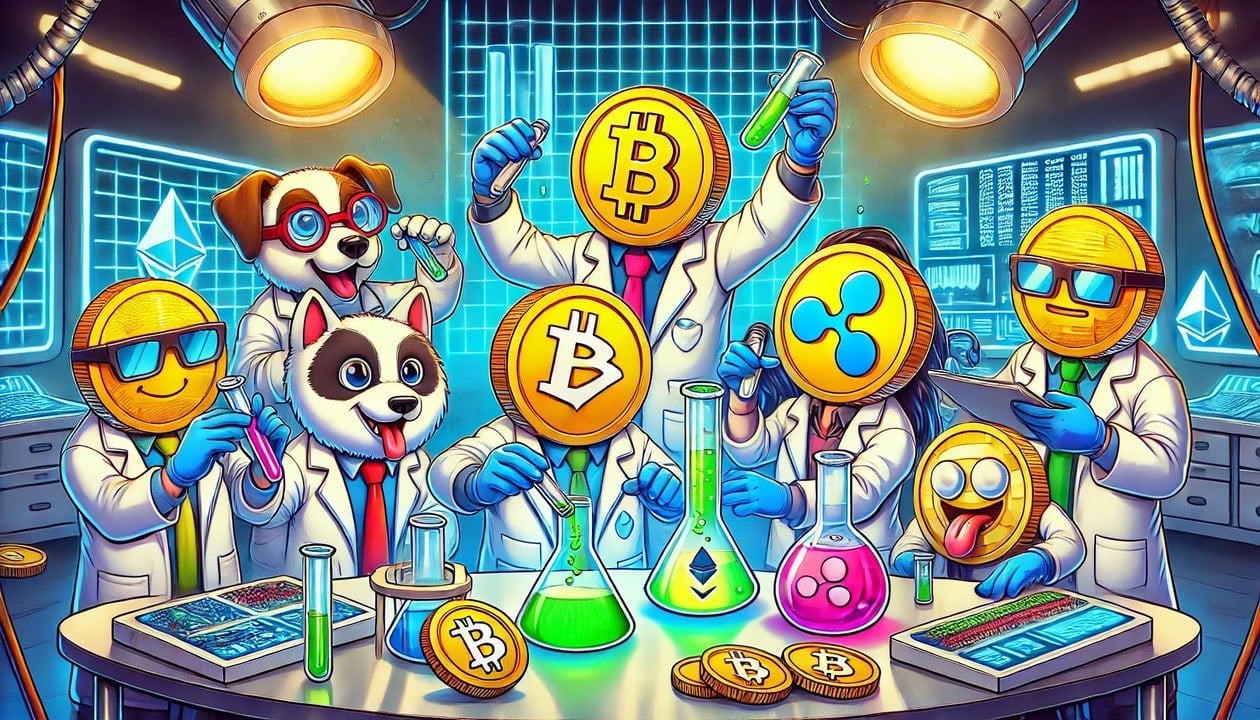 A vibrant cartoon drawing of various altcoins, including Bitcoin, Ethereum, Dogecoin, Solana, Cardano, Polkadot, Litecoin, and Ripple, with arms and legs