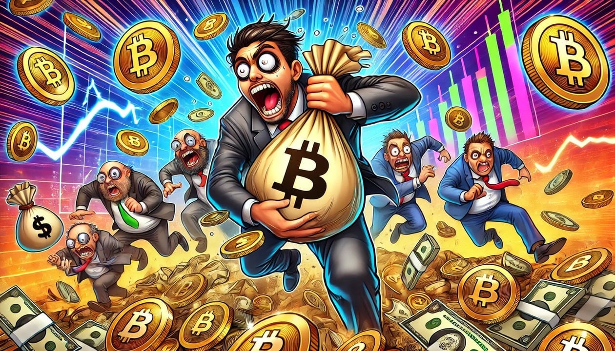 A cartoon style drawing of greedy investors with exaggerated facial expressions, clutching large bags of money, frantically chasing after floating altcoins