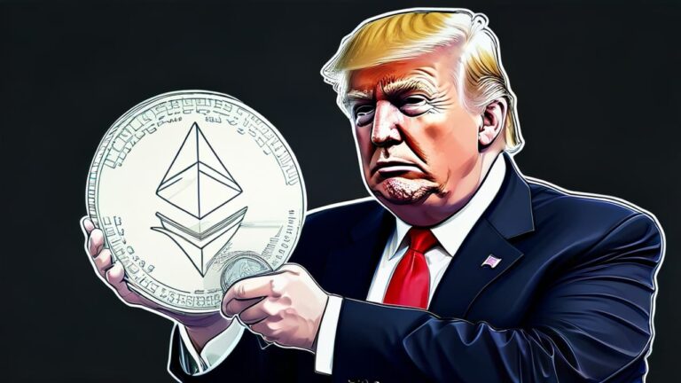 Drawing of President Trump holding both giant and small Ethereum coins