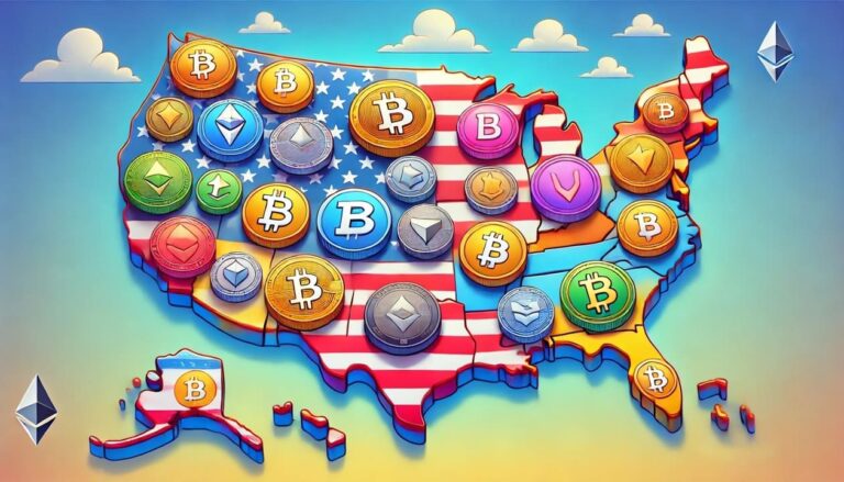 A drawing of the United States of America with various altcoins placed on different states