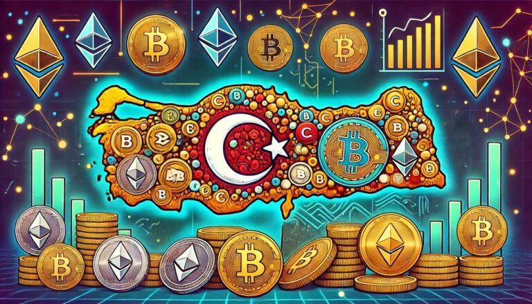 A drawing of the country of Turkey, outlined and filled with various altcoins such as Ethereum, BNB, Solana, and Cardano