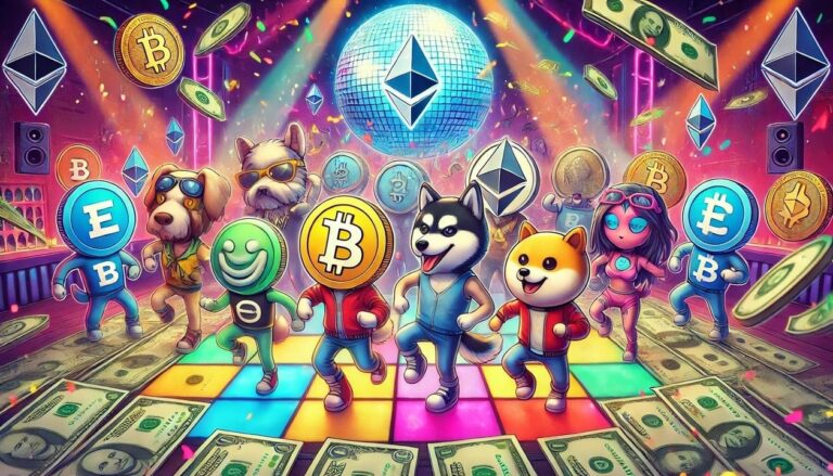 A drawing of various altcoins personified as animated characters, dancing on a dance floor made entirely of US dollar bills