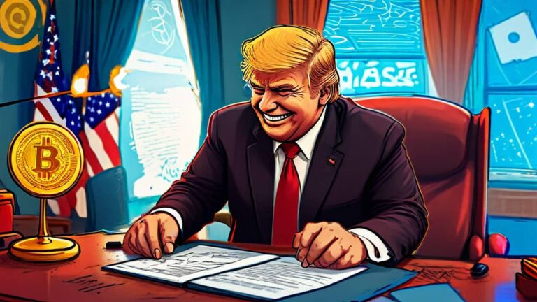 Drawing of President Trump signing an executive order for cryptocurrencies