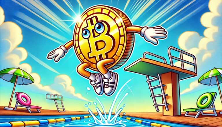 A cartoon style drawing of a Bitcoin coin character jumping off a high dive board in a nose dive position