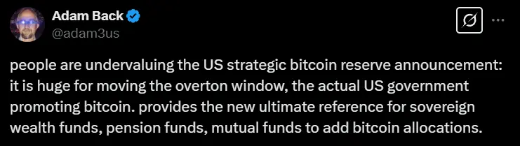 Blockstream 联合创始人：美国比特币战略储备意义重大，为机构资金入场提供权威参考 – BitRss – Crypto World News