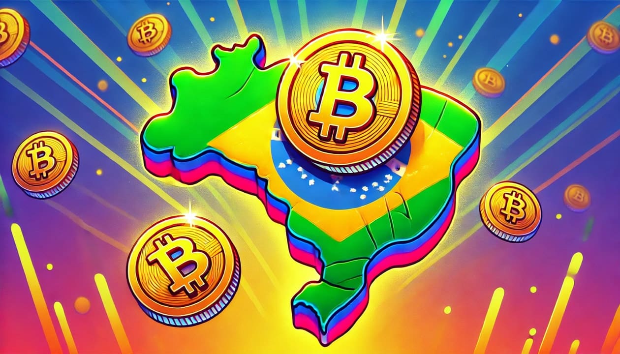 Drawing of the country of Brazil with bright, vivid colors, outline and bitcoins everywhere
