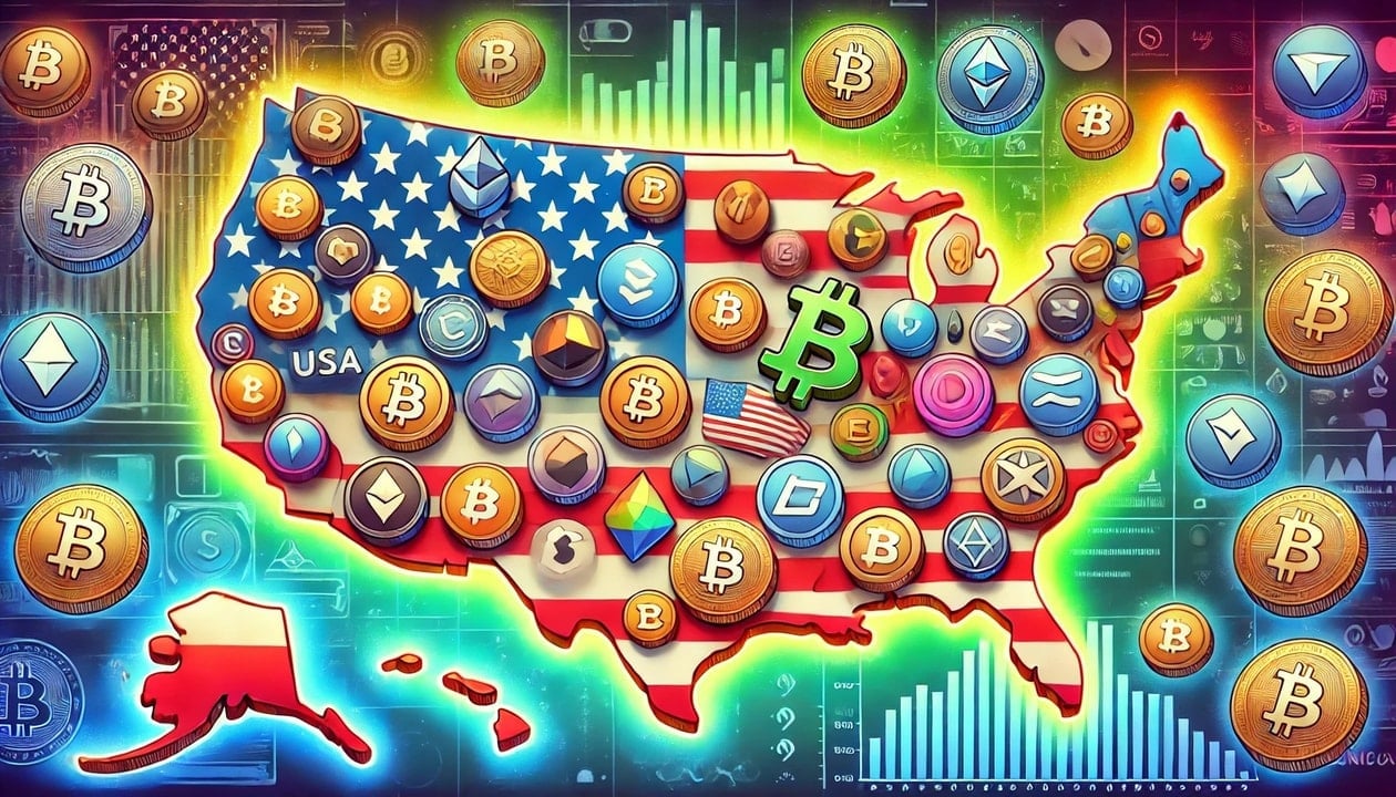 A vibrant and colorful drawing of the United States of America with various altcoins