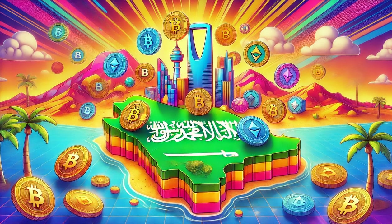 A drawing of Saudi Arabia depicted as a map with altcoins scattered on top by guerillastocktrading