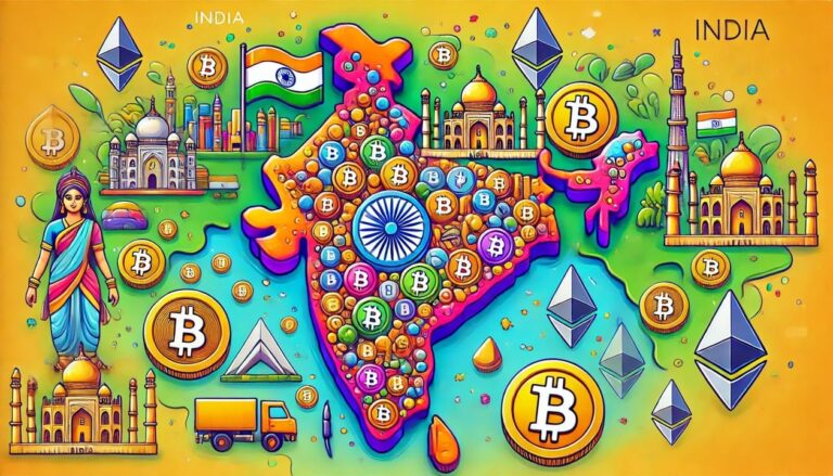 A map of India with cryptocurrency symbols like Bitcoin, Ethereum, and other digital currency icons scattered across the country