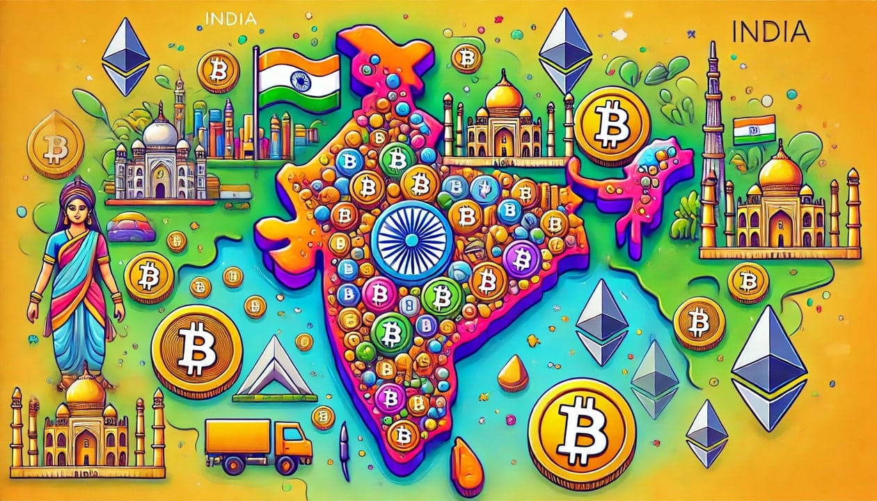 A map of India with cryptocurrency symbols like Bitcoin, Ethereum, and other digital currency icons scattered across the country