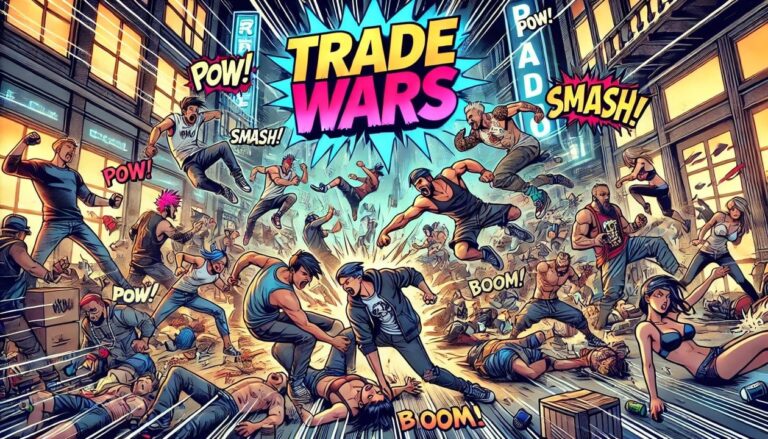 A drawing of a chaotic street brawl featuring many different people fighting with the text TRADE WARS