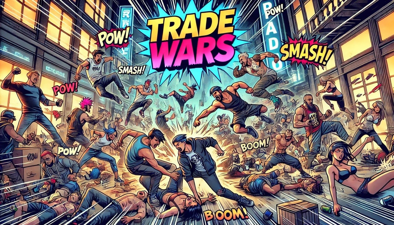 A drawing of a chaotic street brawl featuring many different people fighting with the text TRADE WARS
