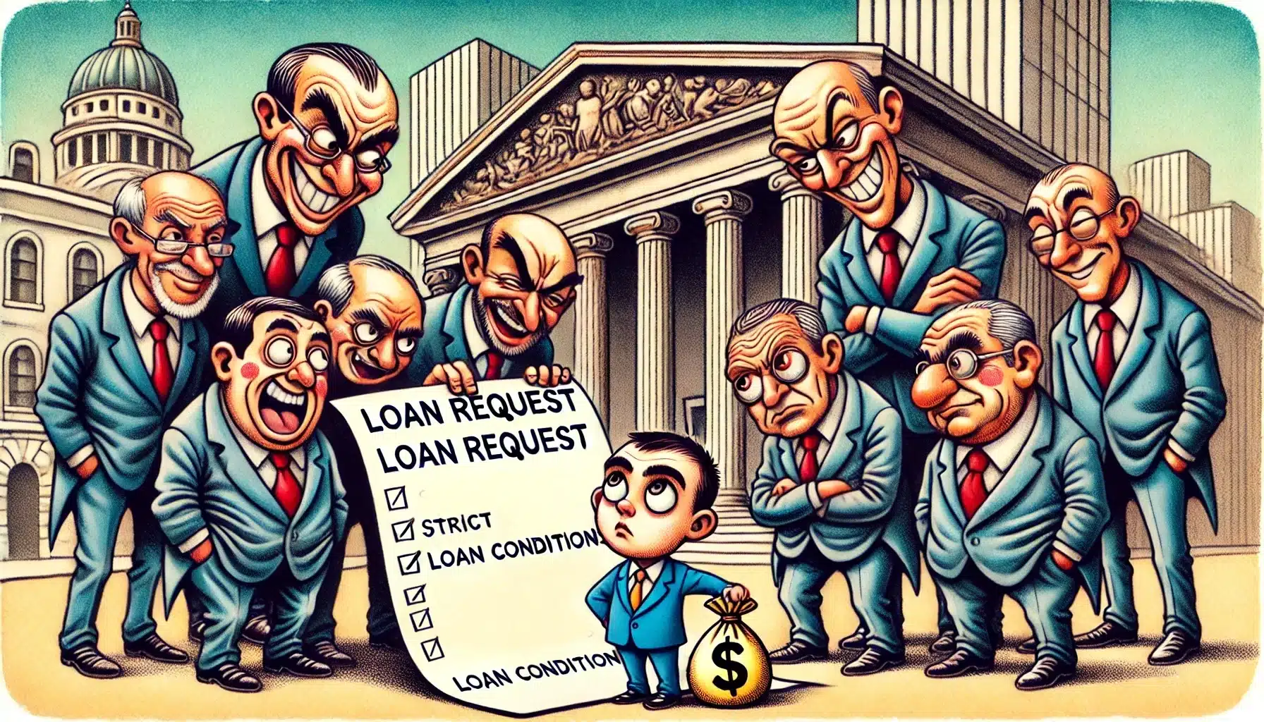 A drawing of a group of powerful bankers in suits pressuring a small country represented as a tiny, nervous looking character