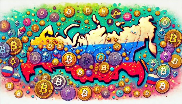 Drawing of the country of Russia, depicted as a landmass filled with various altcoins scattered across it by guerillastocktrading