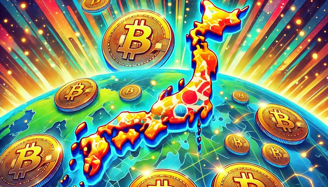 A drawing of Japan, depicted as a colorful map with exaggerated, playful details. The country is adorned with large, shiny bitcoins