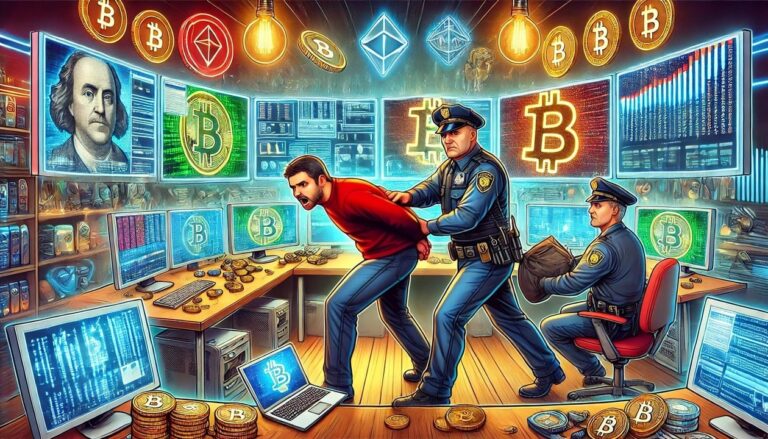 A drawing of police officers busting a cryptocurrency scam