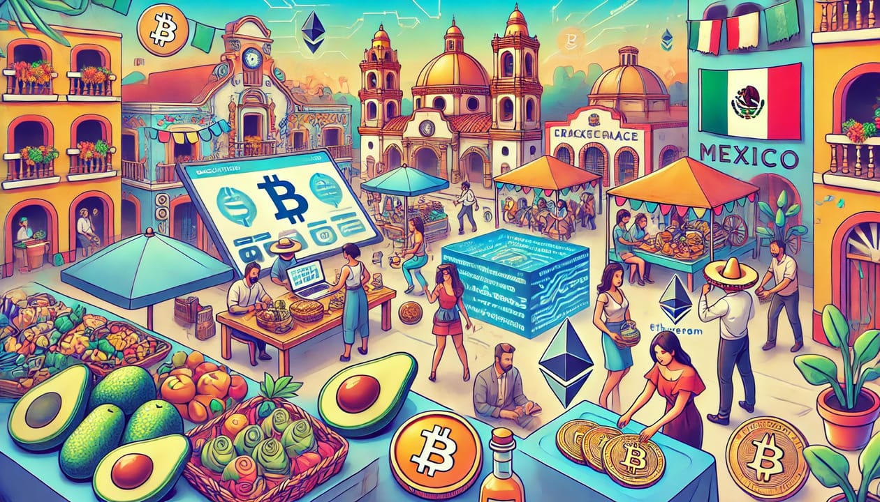 A drawing of Mexico's trade and cryptocurrency economy