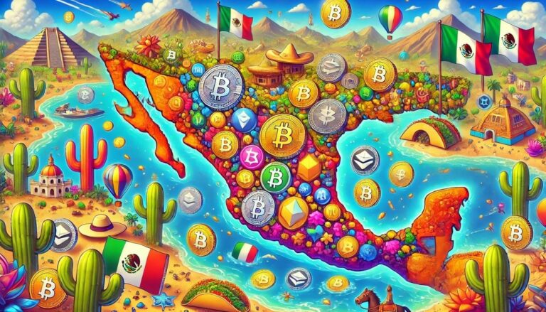 A drawing of Mexico featuring various altcoins scattered across the country by guerillastocktrading