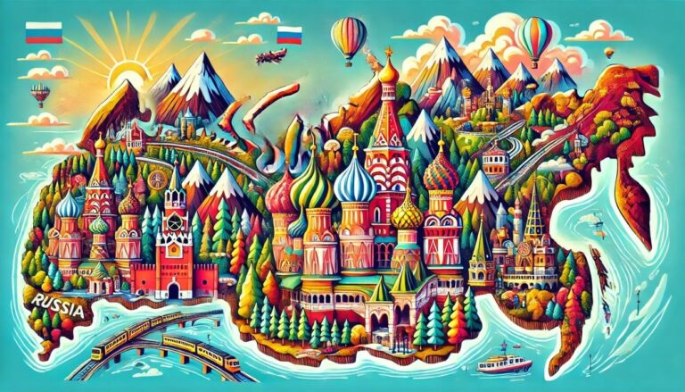 A drawing of Russia, featuring iconic landmarks such as Saint Basil's Cathedral, the Kremlin, Siberian forests