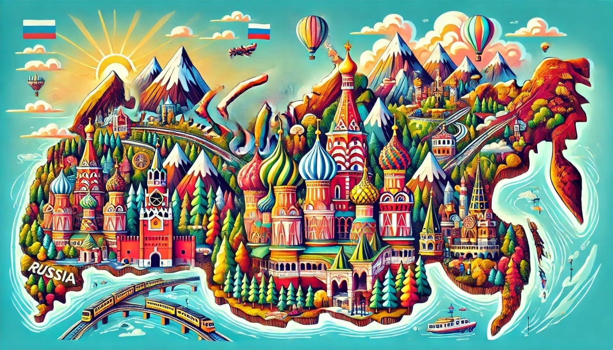 A drawing of Russia, featuring iconic landmarks such as Saint Basil's Cathedral, the Kremlin, Siberian forests