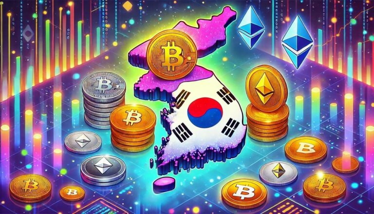 A drawing of South Korea with cryptocoins around it
