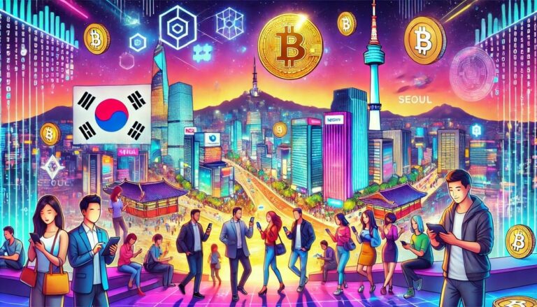 A drawing of South Korea with a lively cityscape, featuring iconic landmarks such as N Seoul Tower