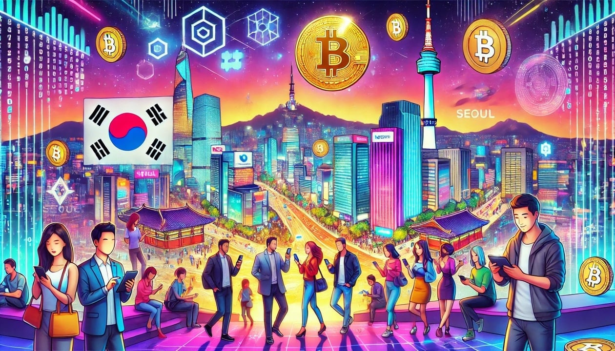 A drawing of South Korea with a lively cityscape, featuring iconic landmarks such as N Seoul Tower