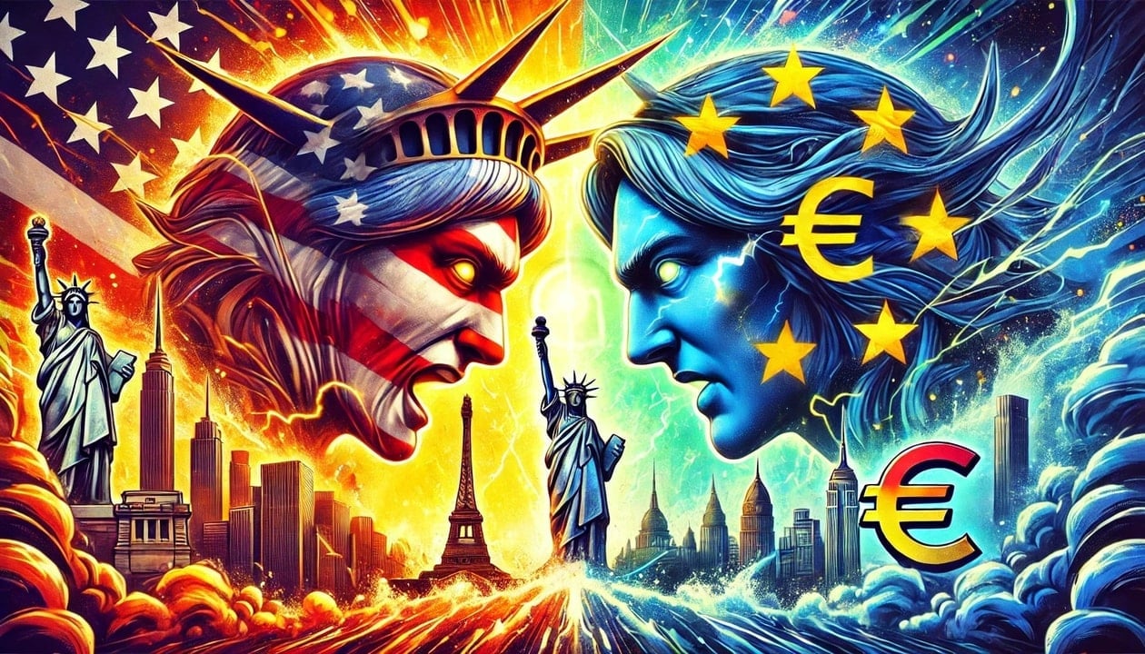 An illustration depicting a face off between the United States and the Eurozone