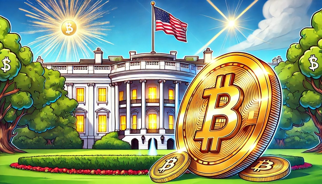 A cartoon drawing of the White House with a giant Bitcoin in front of it