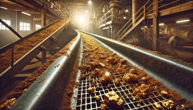 A conveyer belt with gold mixed in with dirt used to filter out gold from the dirt guerillastocktrading