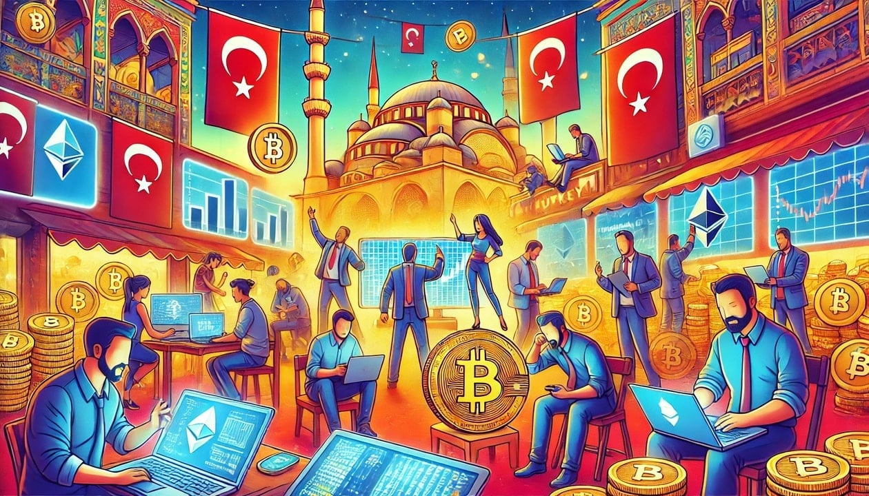 A drawing of people in Turkey trading cryptocurrencies