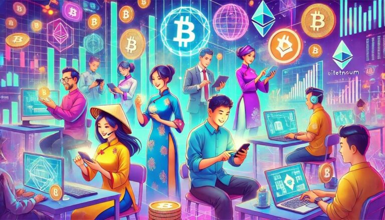 A drawing of Vietnamese people trading cryptocurrencies by guerillastocktrading
