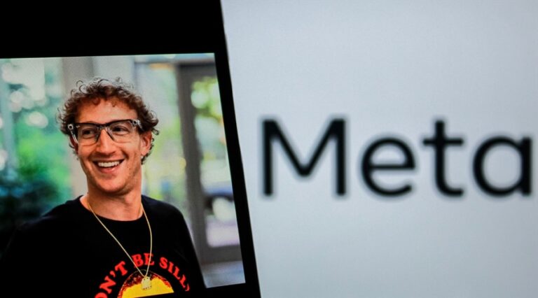 picture showing Mark Zuckerberg on left and the meta logo in the background