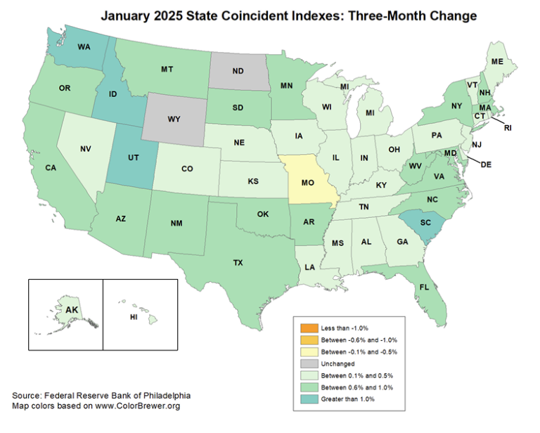 Philly Fed: State Coincident Indexes Increased in 47 States in January (3-Month Basis)