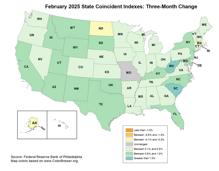 Philly Fed: State Coincident Indexes Increased in 45 States in February (3-Month Basis)