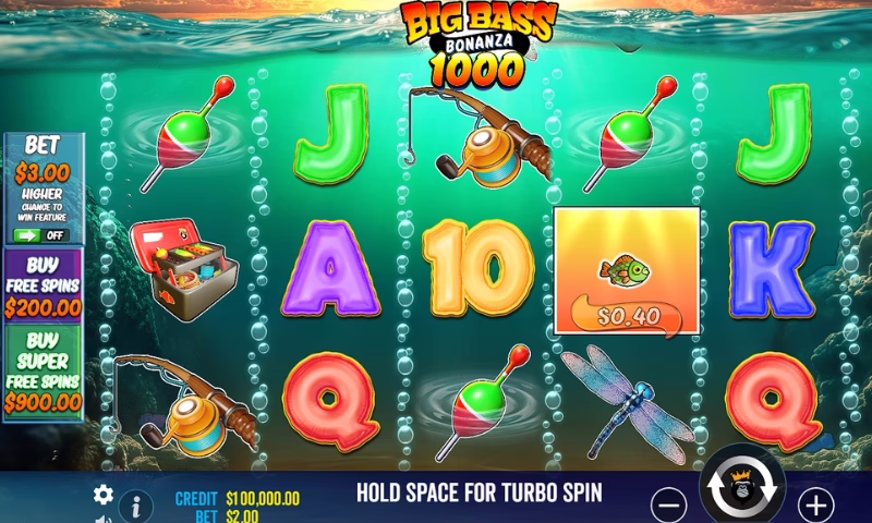 Big Bass Bonanza slot gaming interface with fish-themed symbols and letters.