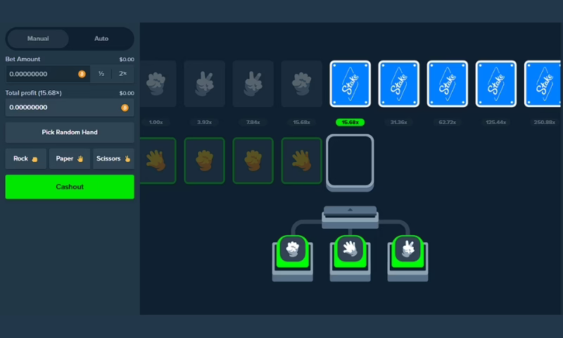 The gaming interface of Rock, Paper,Scissors, the new original game on Stake.com.