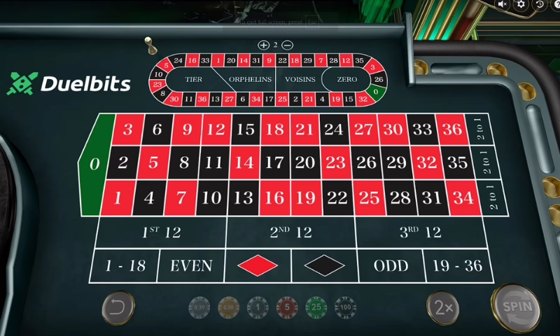 A casino table featuring a roulette wheel and table, showcasing vibrant colors and gaming chips by Duelbits. 