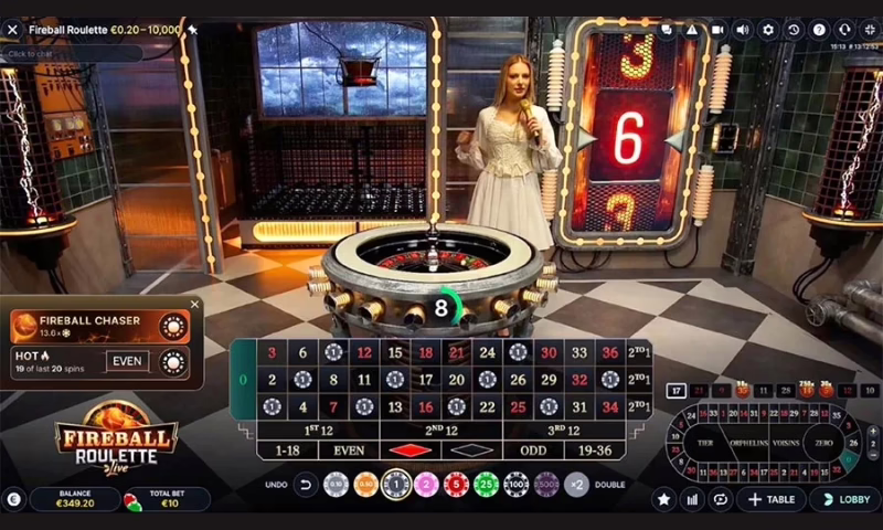 The Fireball Roulette gaming interface with a professional live dealer managing the game.
