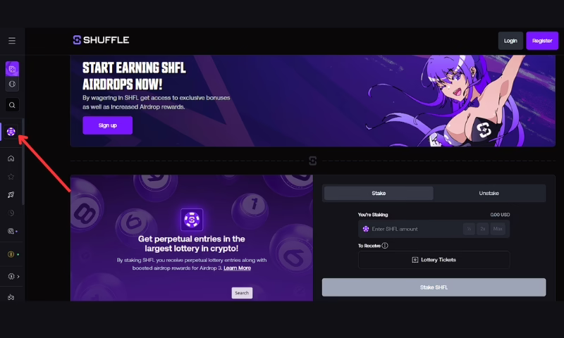 Display of the Shuffle Casino website featuring the new Token Dashboard for SHFL Lottery.