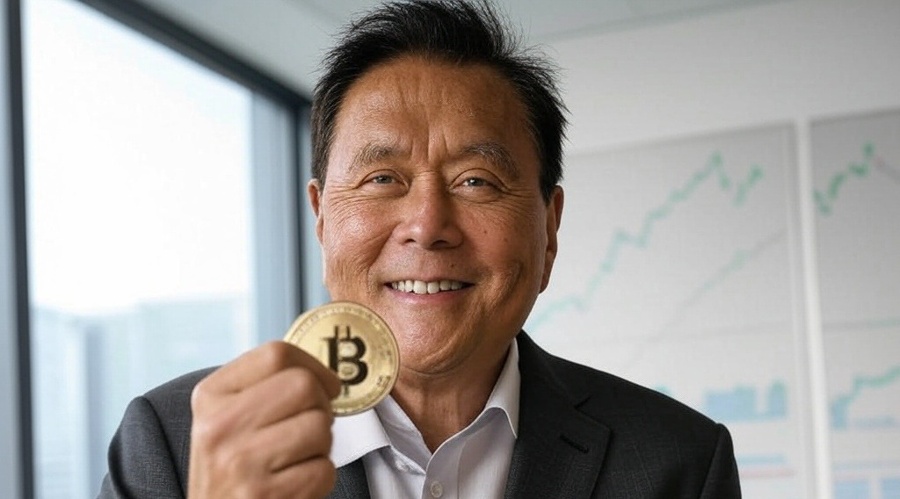 Robert Kiyosaki holding a Bitcoin token