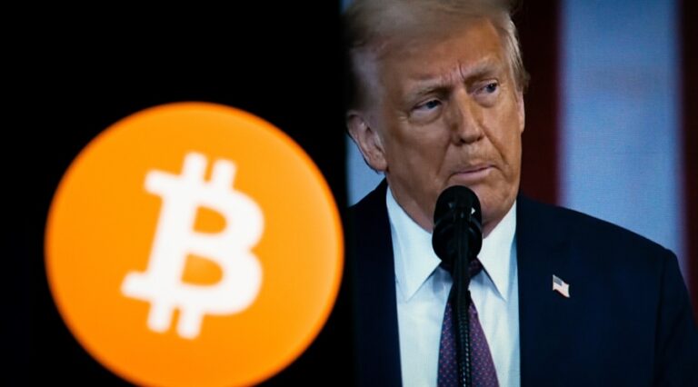 Huge bitcoin BTC logo in the front of speaking Donald Trumps
