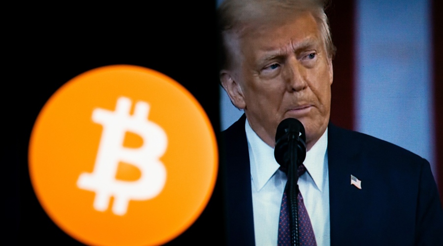 Huge bitcoin BTC logo in the front of speaking Donald Trumps