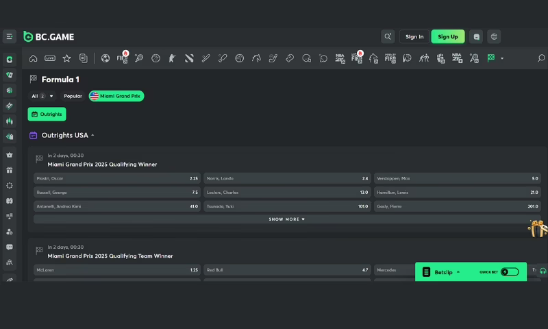The betting interface for the Miami Grand Prix at BC.Game. 