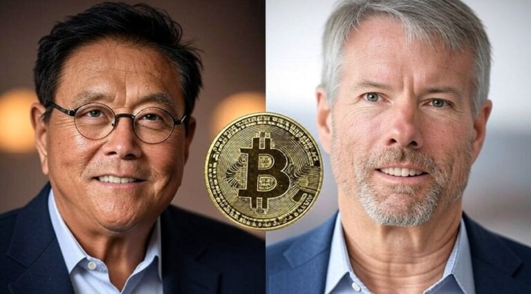 Kiyosaki and Saylor picutres with bitcoin token in the middle