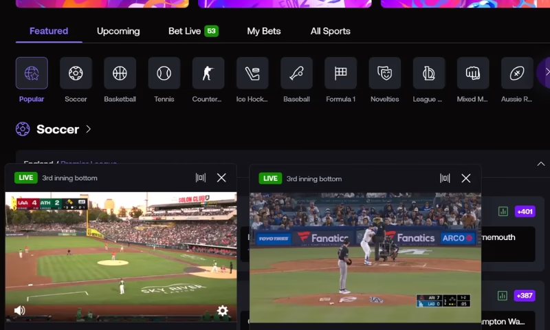 The live stream view of the sports live streaming at Shuffle Casino. 