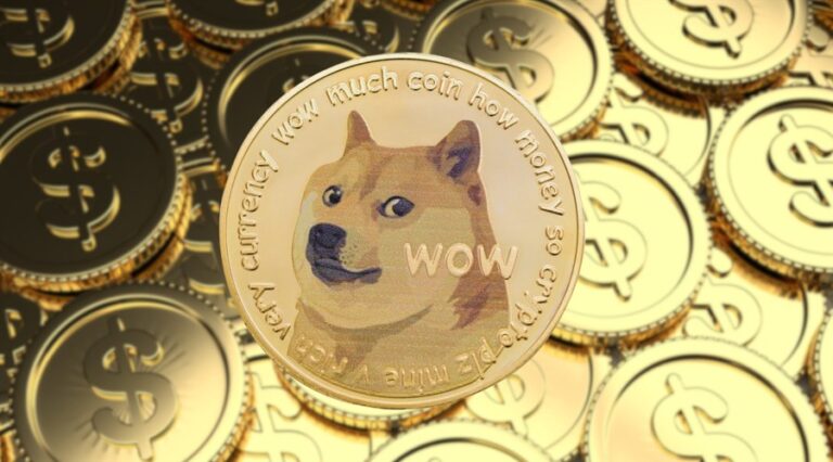 A graphic representig DOGE token laying on a stack of USD tokens