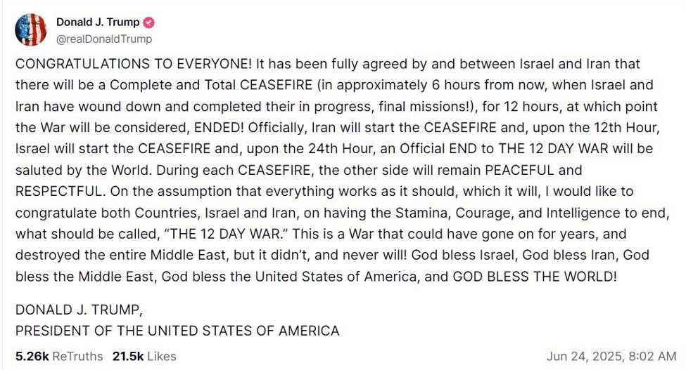 Trump announces Iran and Israel have agreed to a “Complete and Total CEASEFIRE" | Forexlive